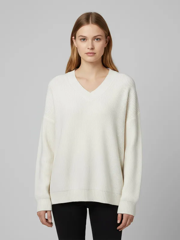 Women's Ivory Ribbed V-Neck Oversized Sweater - Custom Versatile Smart-Casual Apparel