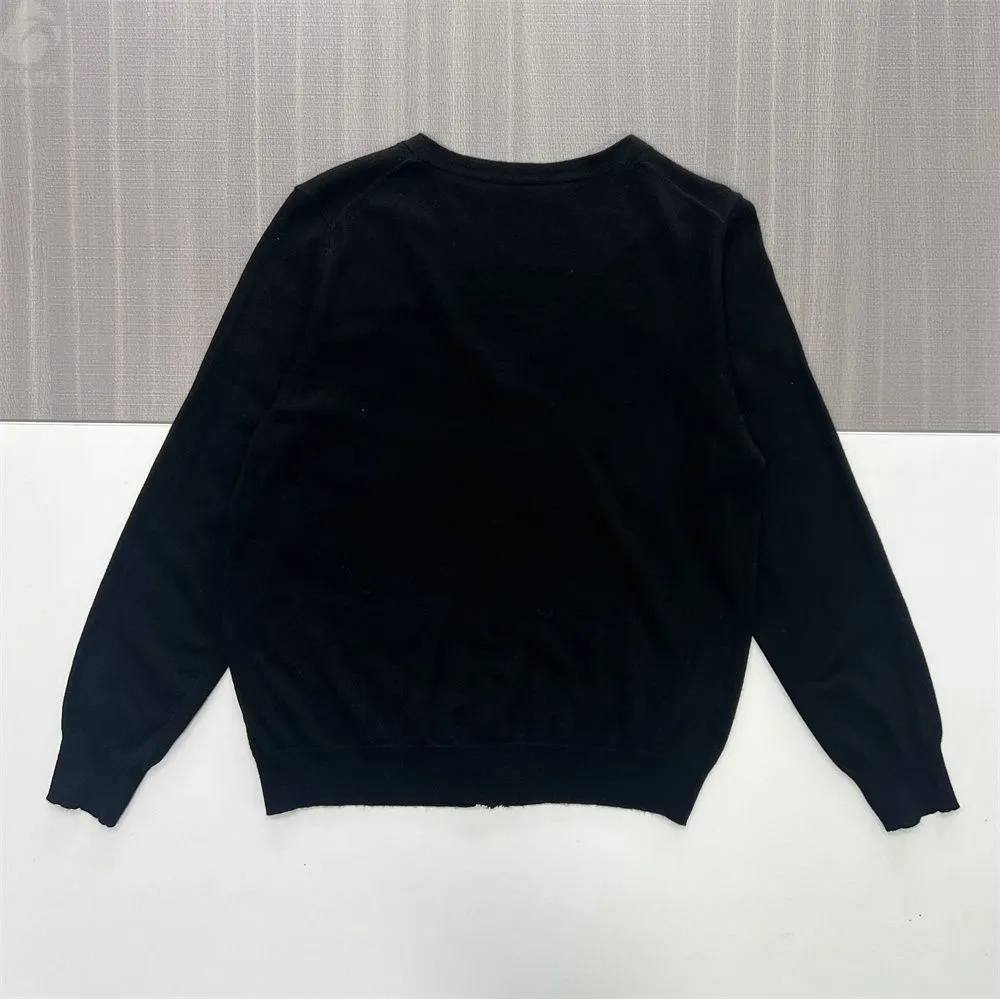 Women's Black V-Neck Knit Cardigan with Light Blue Floral Embroidery - Custom Delicate Casual Apparel