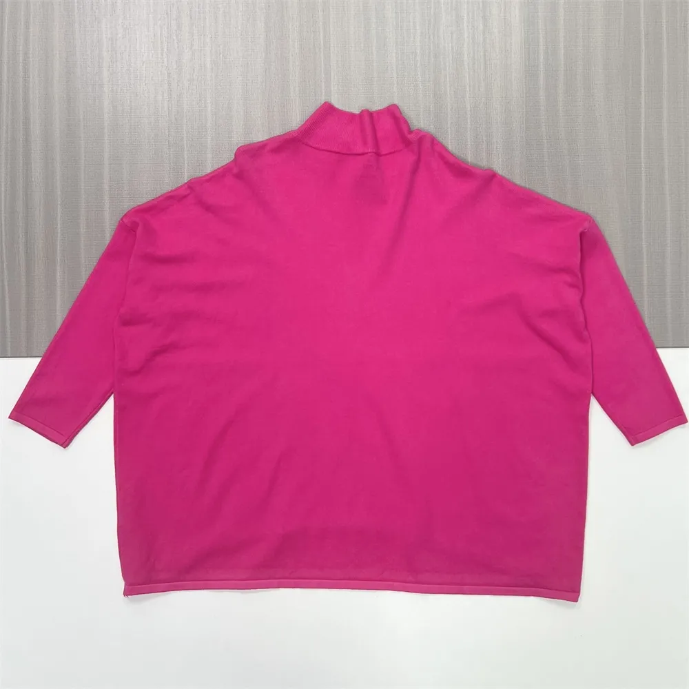 Women's Fuchsia Oversized Turtleneck Poncho Sweater with 3/4 Sleeves - Custom Bold Casual Apparel