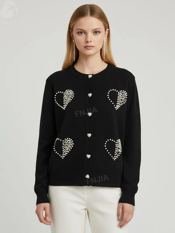 Women's Black Knit Cardigan with Pearl Heart Embellishments - Custom Playful Statement Apparel