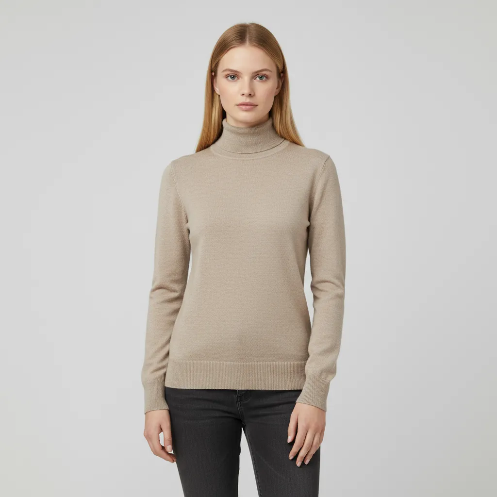 Women's Beige Slim-Fit Turtleneck Sweater - Custom Timeless Basic Apparel