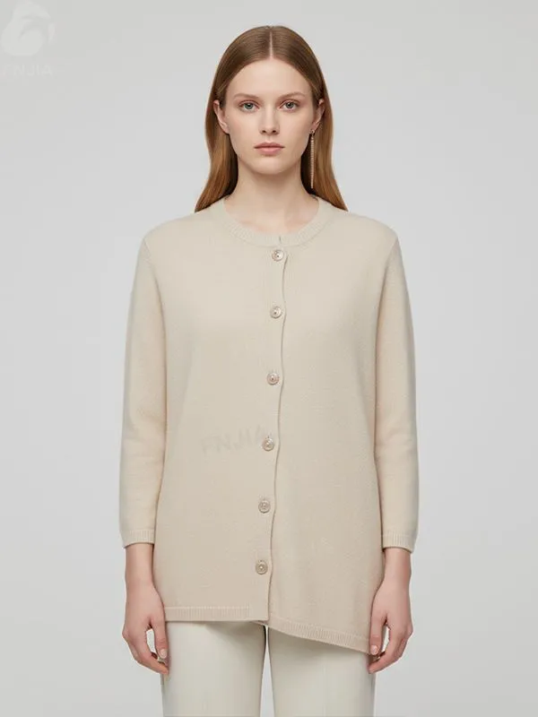 Women's Beige Oversized Crew Neck Knit Cardigan - Custom Minimalist Versatile Apparel
