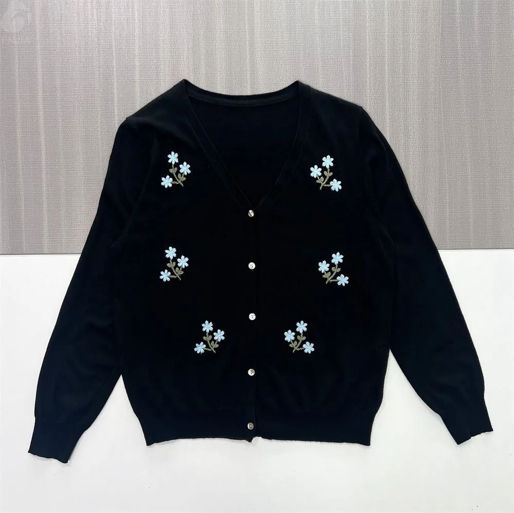 Women's Black V-Neck Knit Cardigan with Light Blue Floral Embroidery - Custom Delicate Casual Apparel