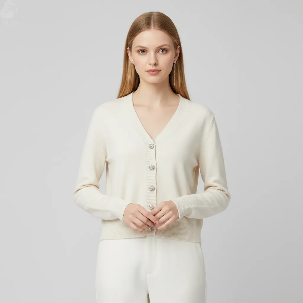 Women's Cream V-Neck Cropped Knit Cardigan with Embellished Buttons