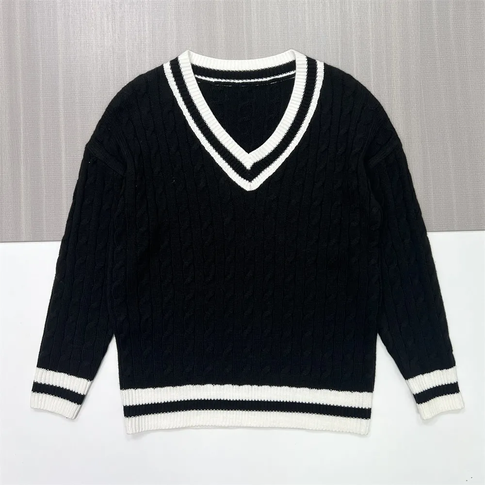 Women's Black & White Cable-Knit V-Neck Sweater - Custom Preppy Casual Apparel