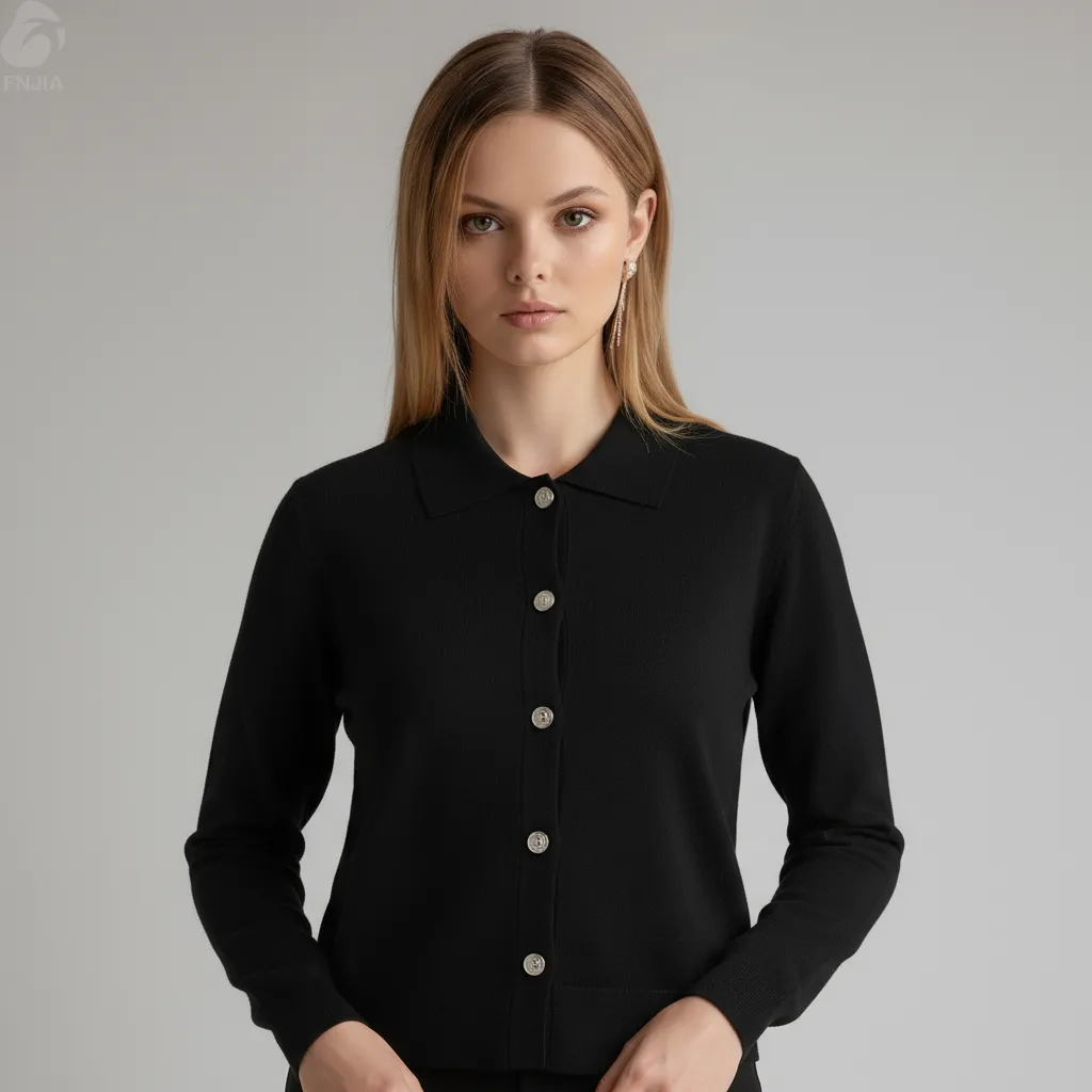 Women's Black Cropped Polo-Collar Knit Cardigan - Custom Sleek Smart-Casual Apparel