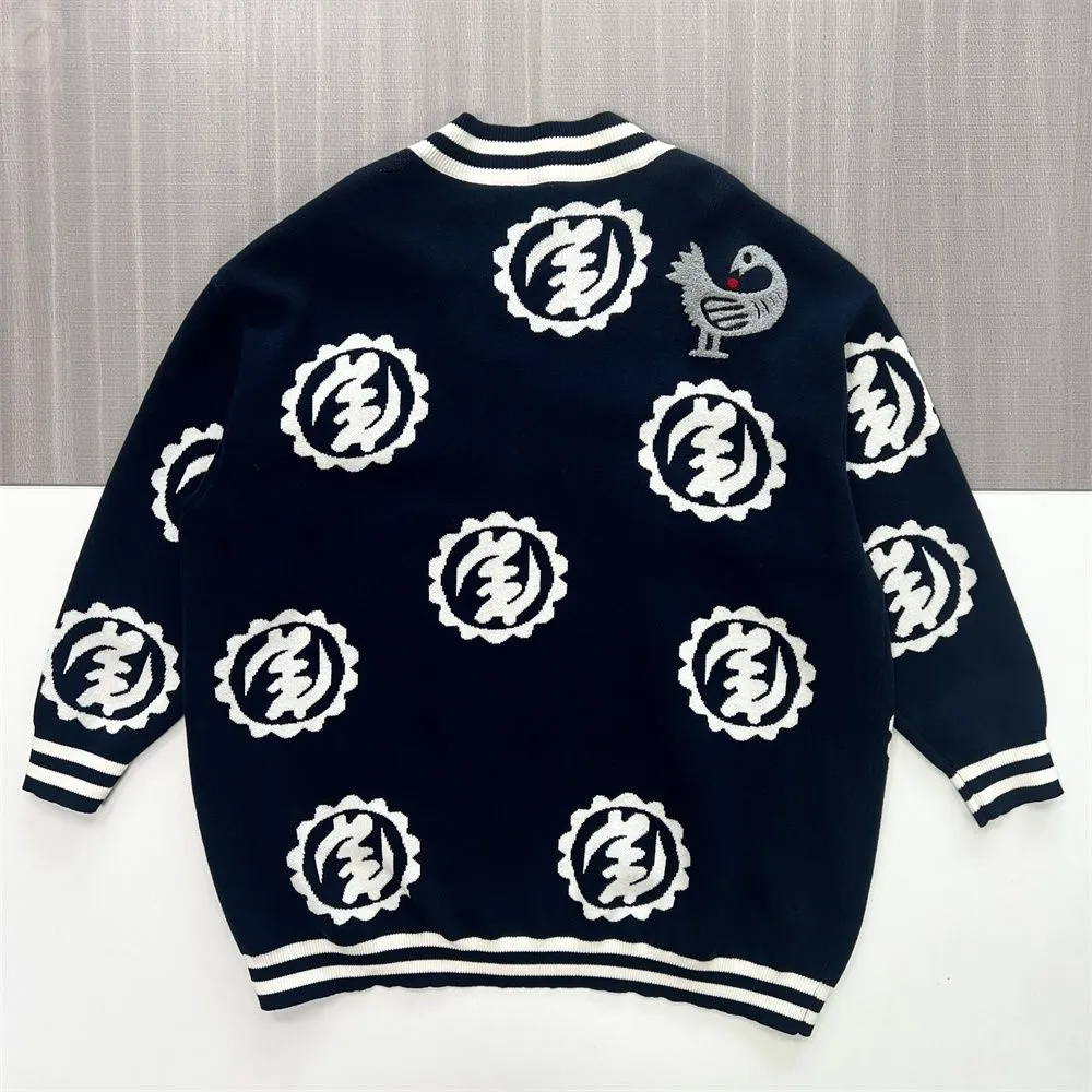 Women's Navy Knit Cardigan with Pattern Intarsia & Embellishments - Custom Bold Statement Apparel
