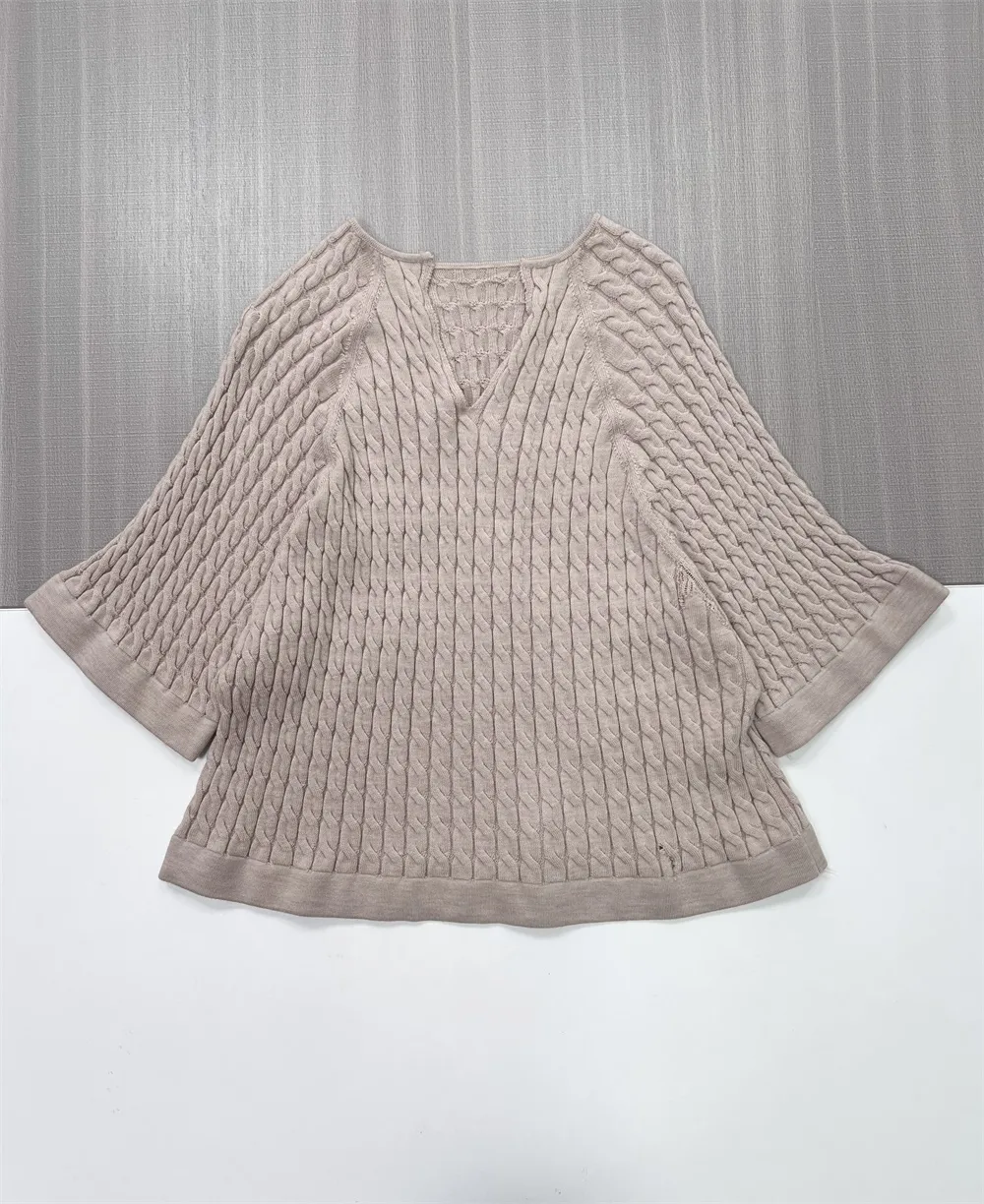 Women's Beige Cable-Knit V-Neck Bell-Sleeve Sweater - Custom Elegant Casual Apparel