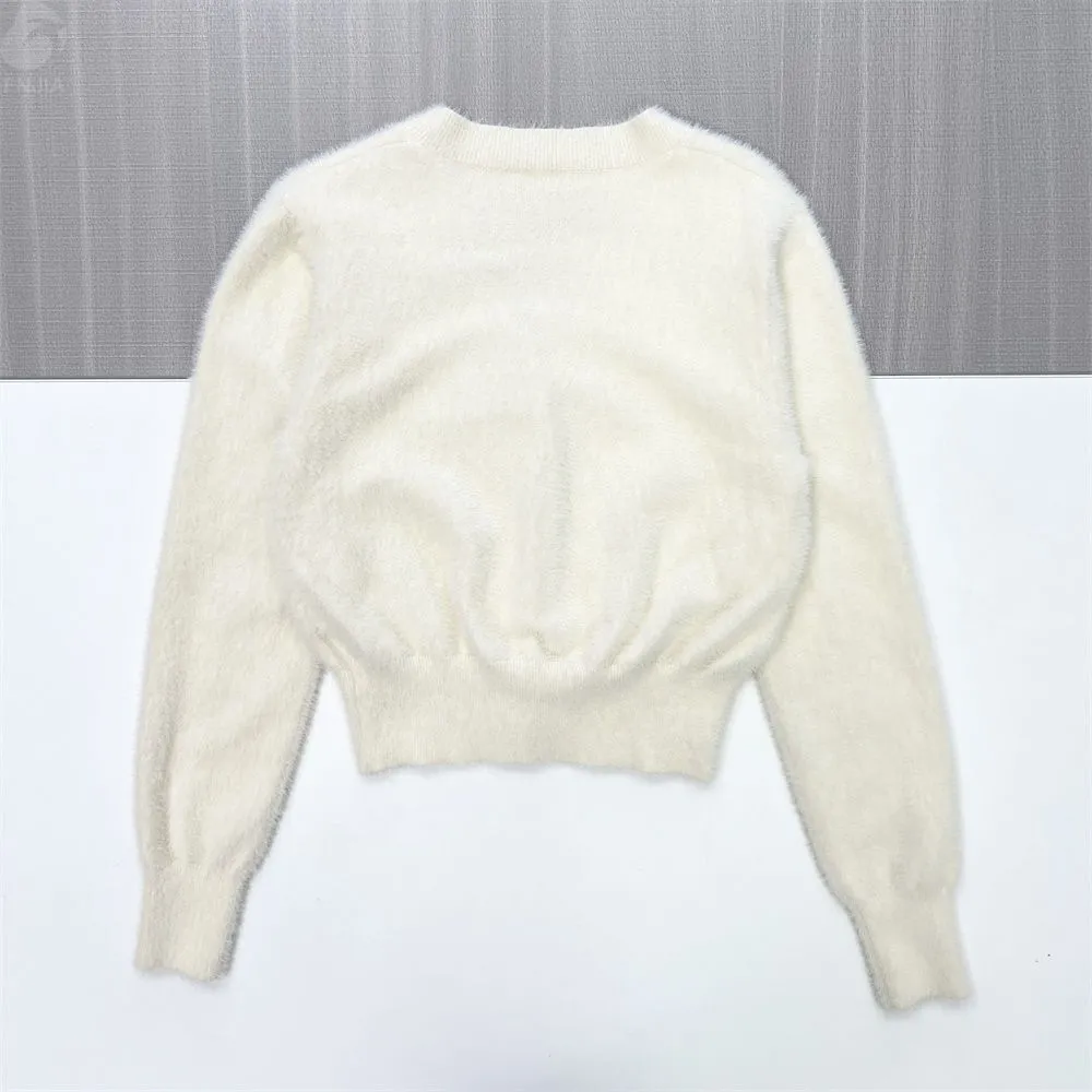 Women's Cream Fuzzy V-Neck Cropped Knit Cardigan - Custom Luxe Minimalist Apparel