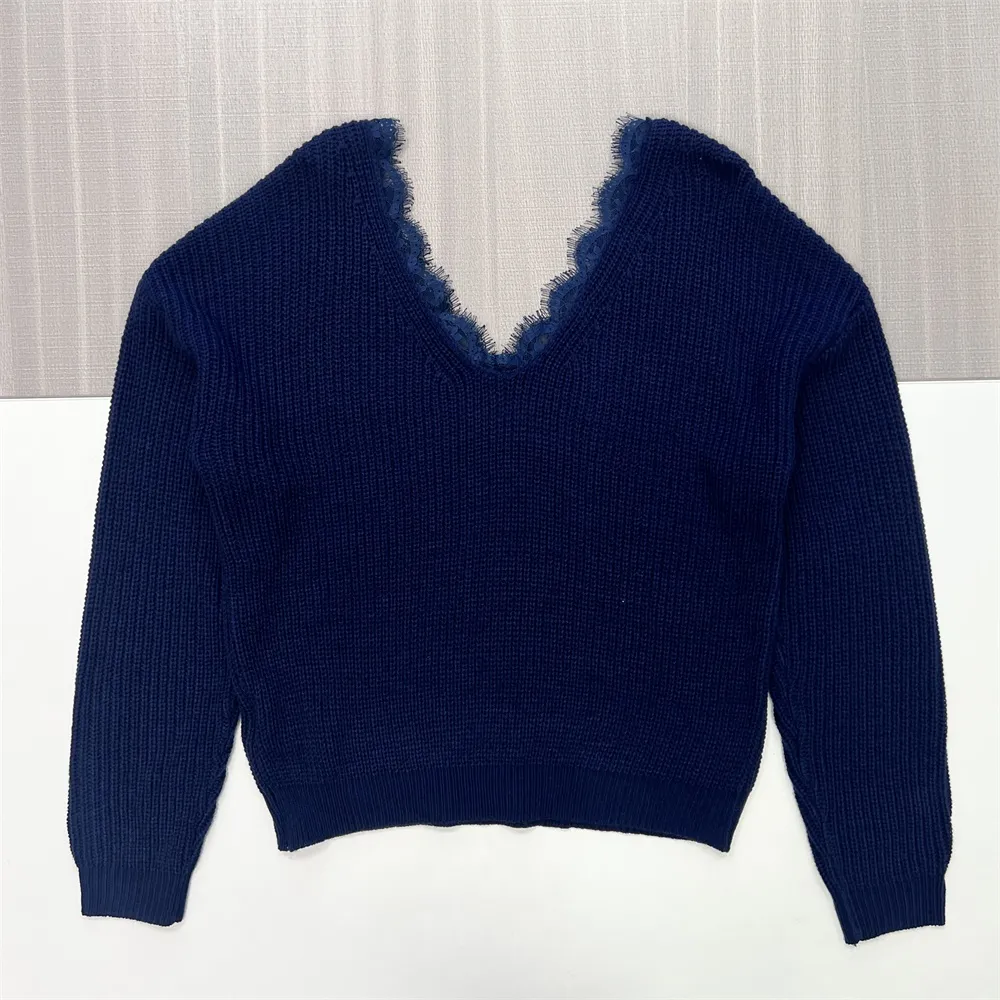 Women's Navy Ribbed V-Neck Sweater with Lace Trim - Custom Feminine Casual Apparel
