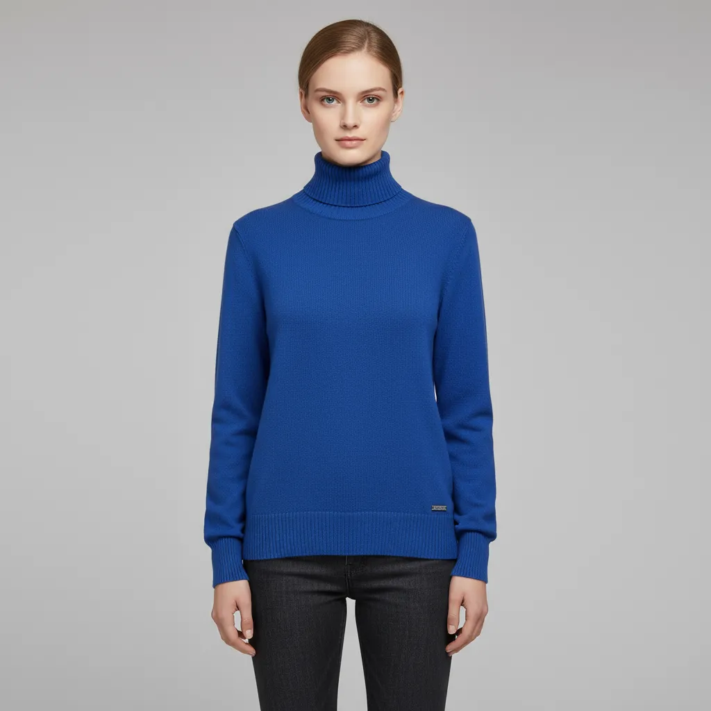Women's Royal Blue Slim-Fit Turtleneck Sweater with Subtle Branding - Custom Classic Bold Apparel