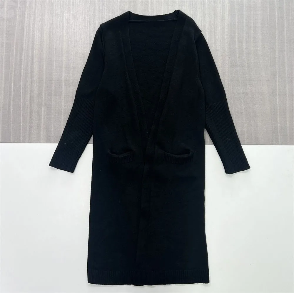 Women's Black Longline Open-Front Knit Cardigan with Pockets - Custom Minimalist Versatile Outerwear