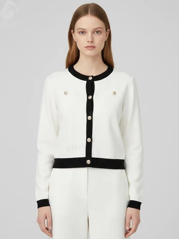 Women's White & Black Contrast Trim Knit Cardigan (Chanel-Style) - Custom Elegant Smart-Casual Apparel