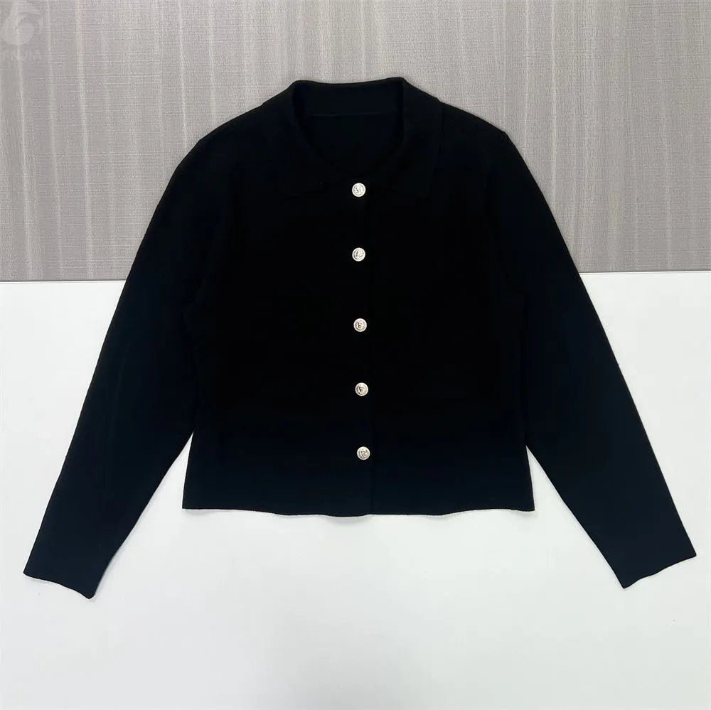 Women's Black Cropped Polo-Collar Knit Cardigan - Custom Sleek Smart-Casual Apparel