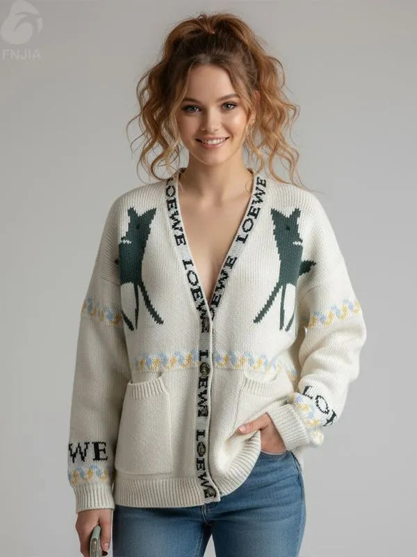 Women's Cream Knit Cardigan with Deer & Logo Intarsia - Custom Whimsical Statement Apparel