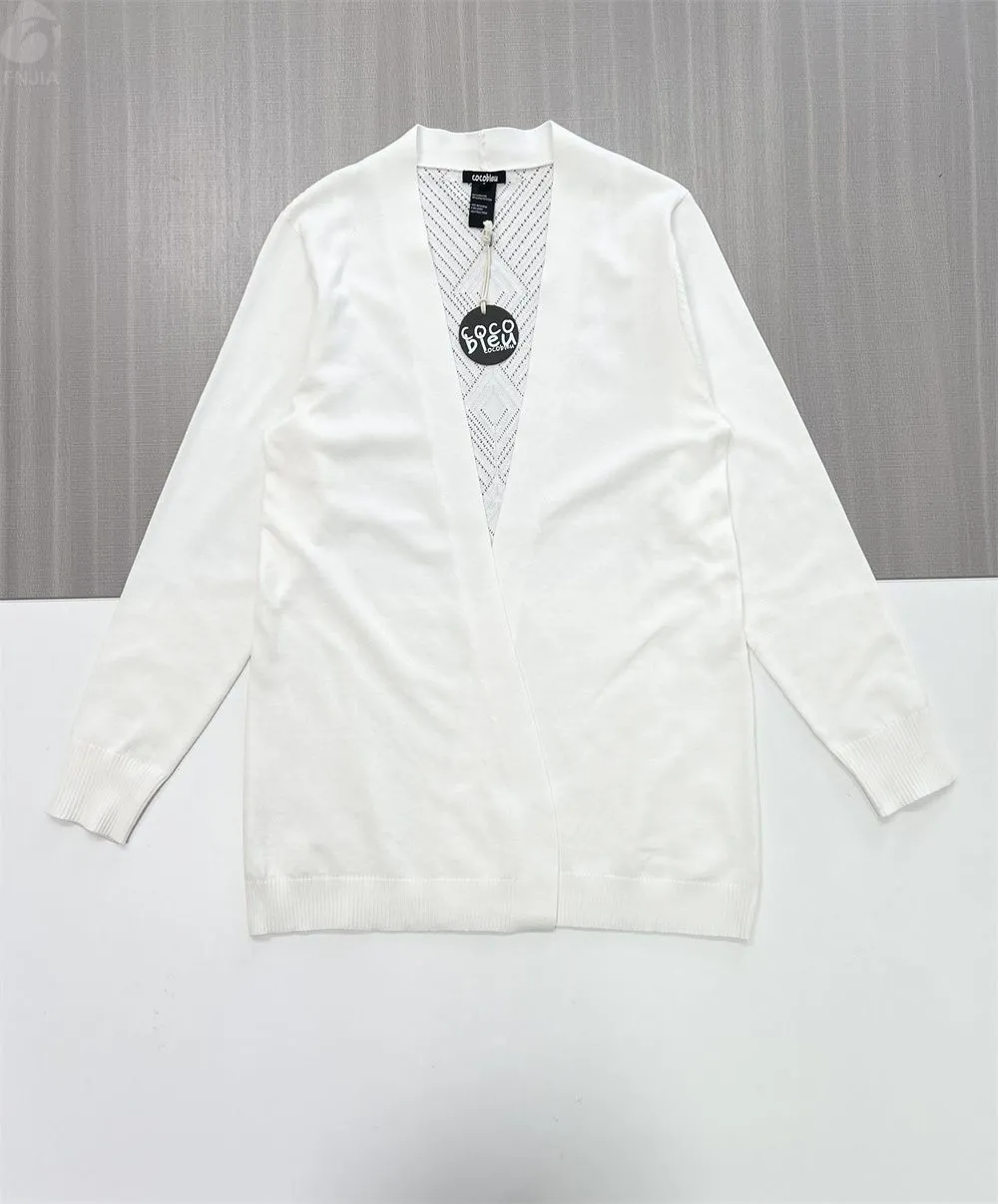 Women's White Open-Front Longline Knit Cardigan with Back Pattern Detail