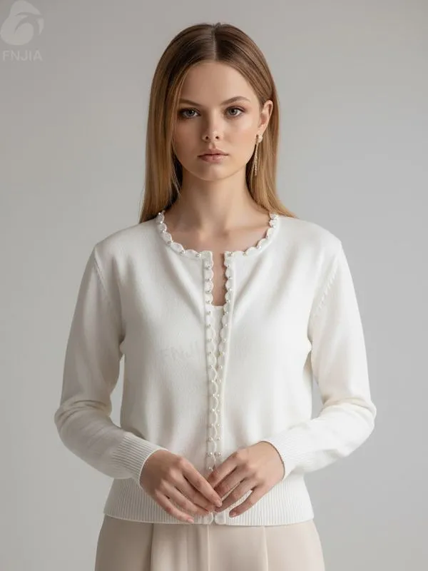 Women's White Knit Cardigan with Pearl Scallop Trim - Custom Elegant Minimalist Apparel