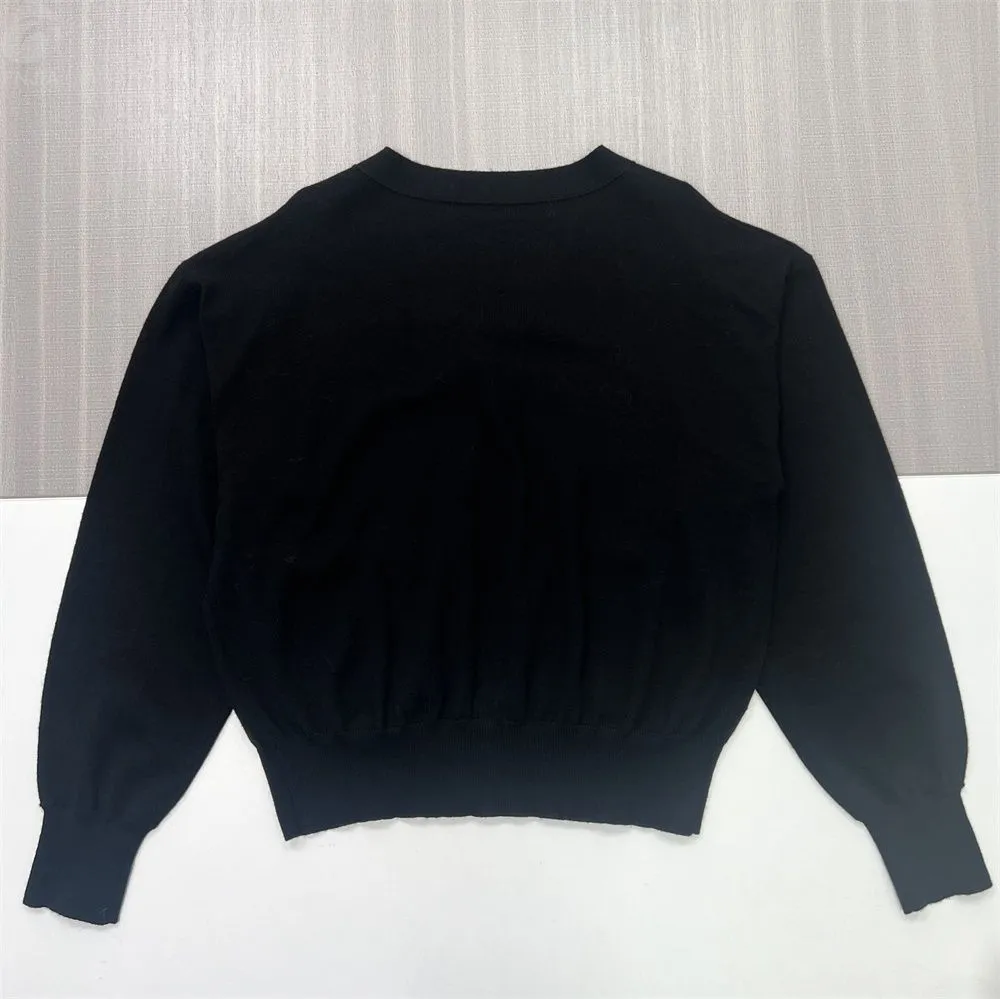 Women's Black V-Neck Embroidered Logo Knit Cardigan - Custom Minimalist Branded Apparel