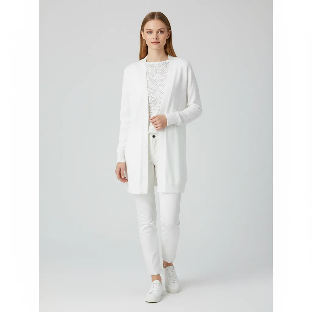 Women's White Open-Front Longline Knit Cardigan with Back Pattern Detail