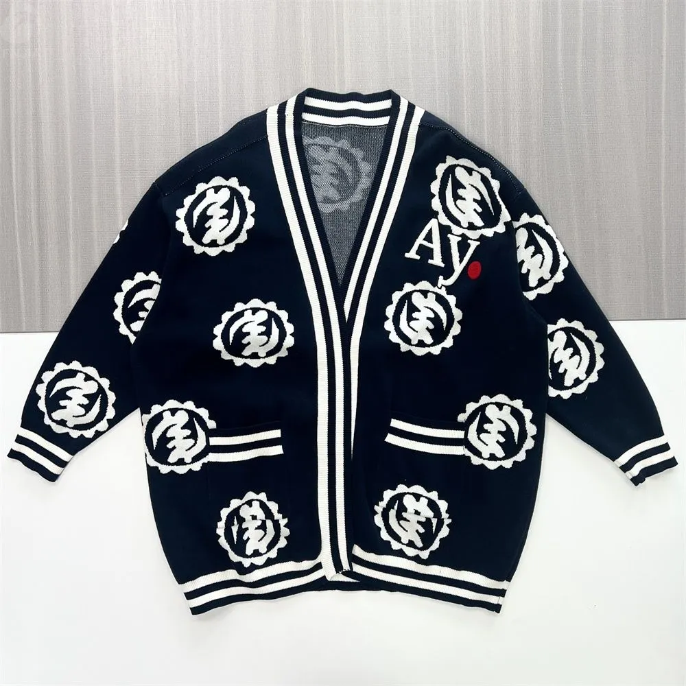 Women's Navy Knit Cardigan with Pattern Intarsia & Embellishments - Custom Bold Statement Apparel