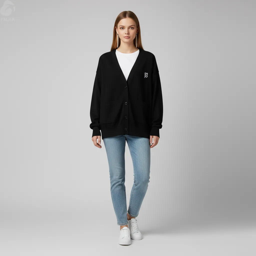 Women's Black V-Neck Embroidered Logo Knit Cardigan - Custom Minimalist Branded Apparel