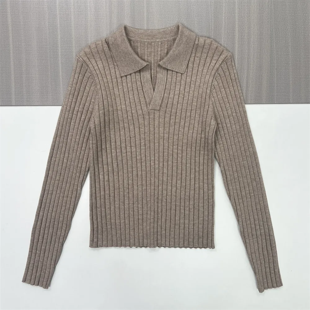 Women's Beige Ribbed Polo Collar Long-Sleeve Knit Top - Custom Form-Fitting Smart-Casual Apparel