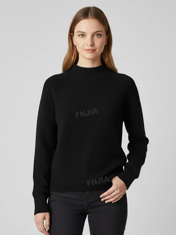 Women's Black Cropped Mock Neck Sweater with Subtle Texture - Custom Modern Casual Apparel