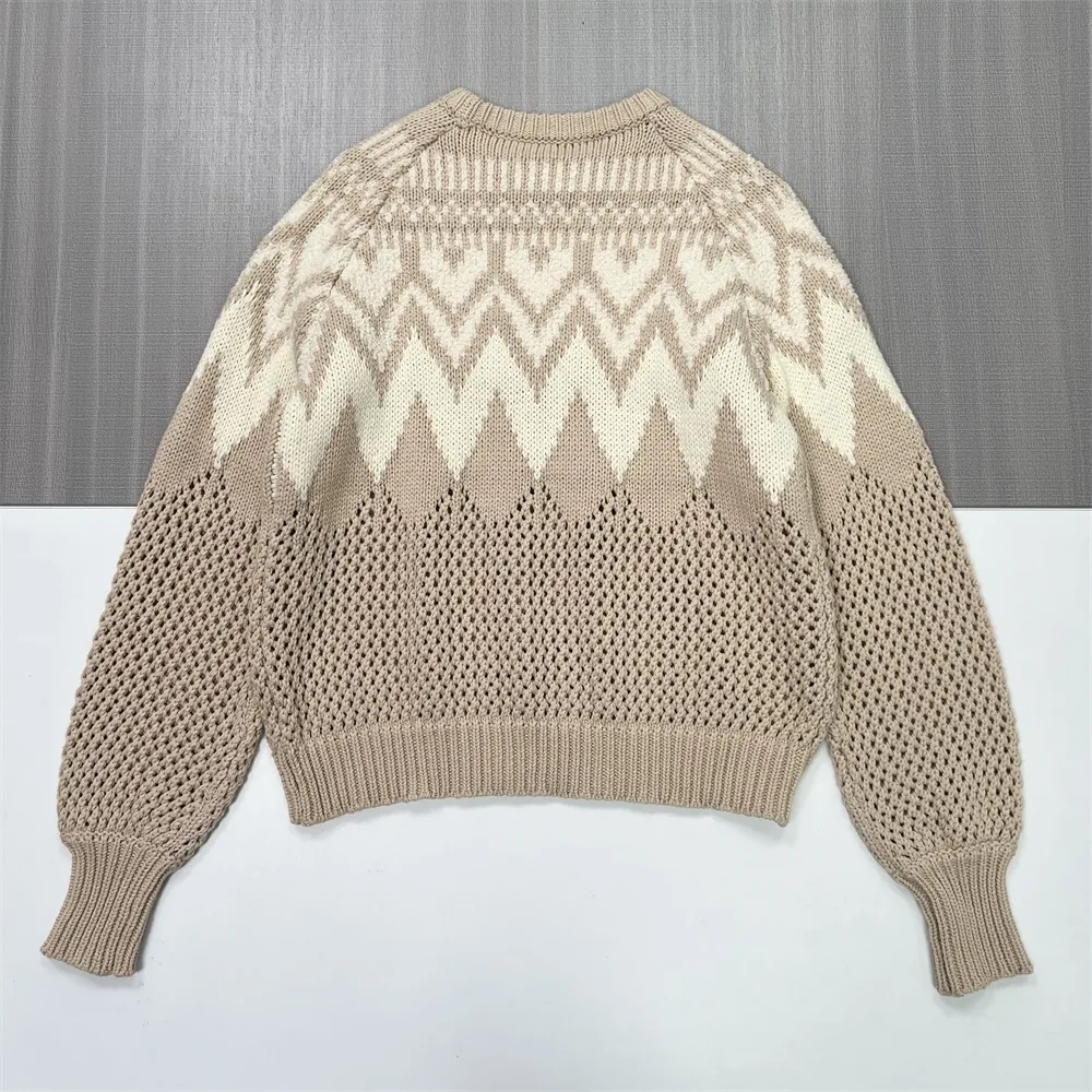 Women's Beige & Ivory Fair Isle Knit Sweater with Openwork Detail - Custom Bohemian Casual Apparel