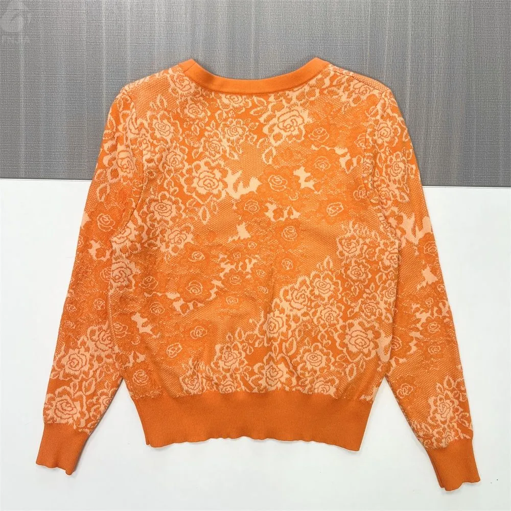 Women's Orange Floral Lace-Knit V-Neck Cardigan - Custom Romantic Elegant Apparel