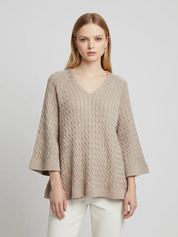 Women's Beige Cable-Knit V-Neck Bell-Sleeve Sweater - Custom Elegant Casual Apparel