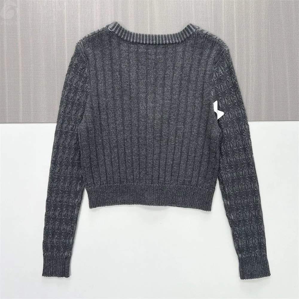 Women's Charcoal Marled Cropped V-Neck Cardigan with Cable Knit - Custom Textured Layering Apparel