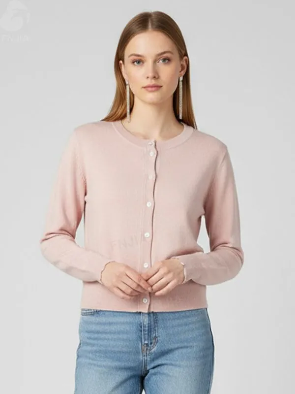 Women's Blush Pink Slim-Fit Crew Neck Cardigan - Custom Minimalist Layering Apparel