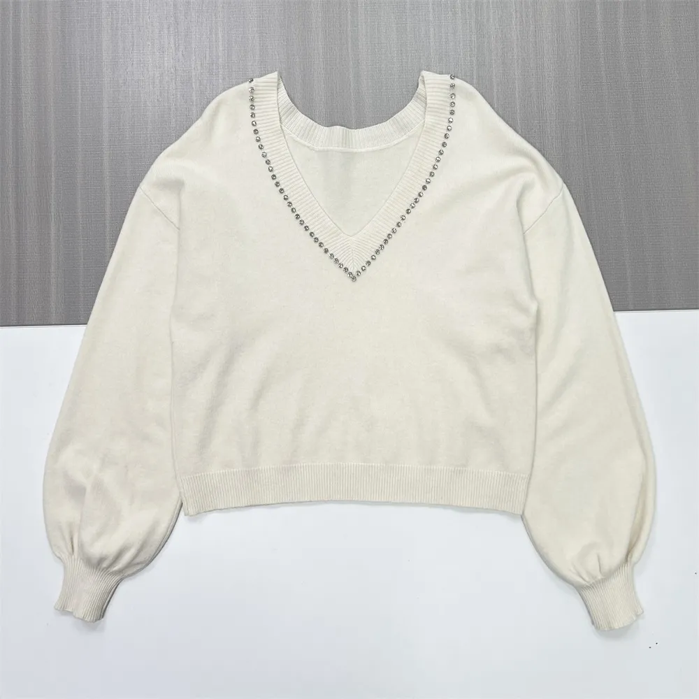 Women's Ivory V-Neck Sweater with Studded Trim & Puff Sleeves - Custom Elegant Casual Apparel