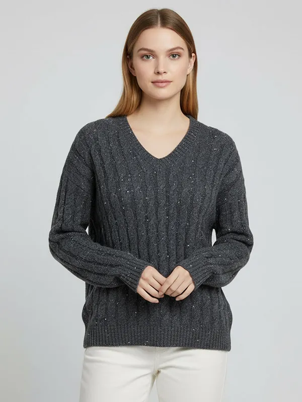 Women's Charcoal Cable-Knit Glitter V-Neck Sweater - Custom Sparkle Smart-Casual Apparel
