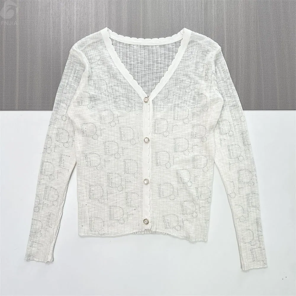 Women's White Sheer Monogram Knit Cardigan with Scallop Trim - Custom Elegant Layering Apparel