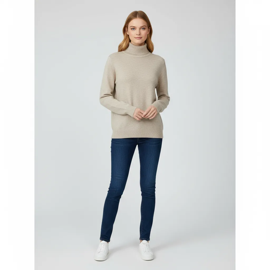 Women's Beige Classic-Fit Turtleneck Sweater - Custom Timeless Staple Apparel