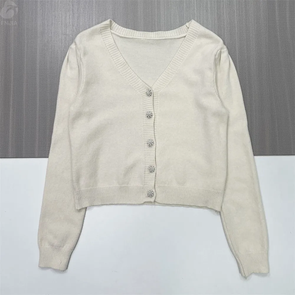 Women's Cream V-Neck Cropped Knit Cardigan with Embellished Buttons