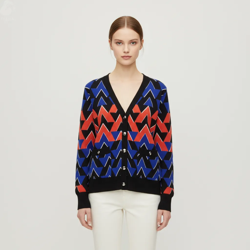 Women's Color-Block Chevron Pattern V-Neck Knit Cardigan - Custom Bold Fashion-Forward Apparel