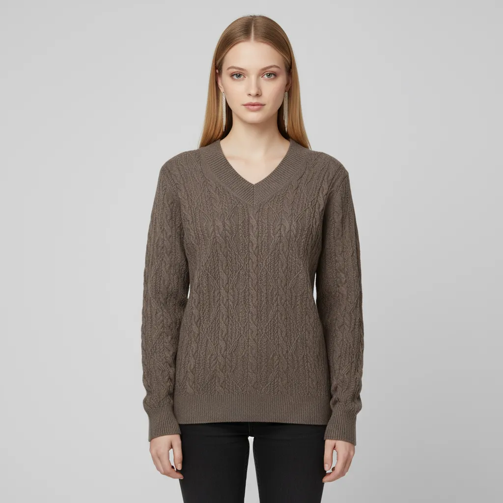 Women's Taupe Intricate Cable-Knit V-Neck Sweater - Custom Textured Smart-Casual Apparel