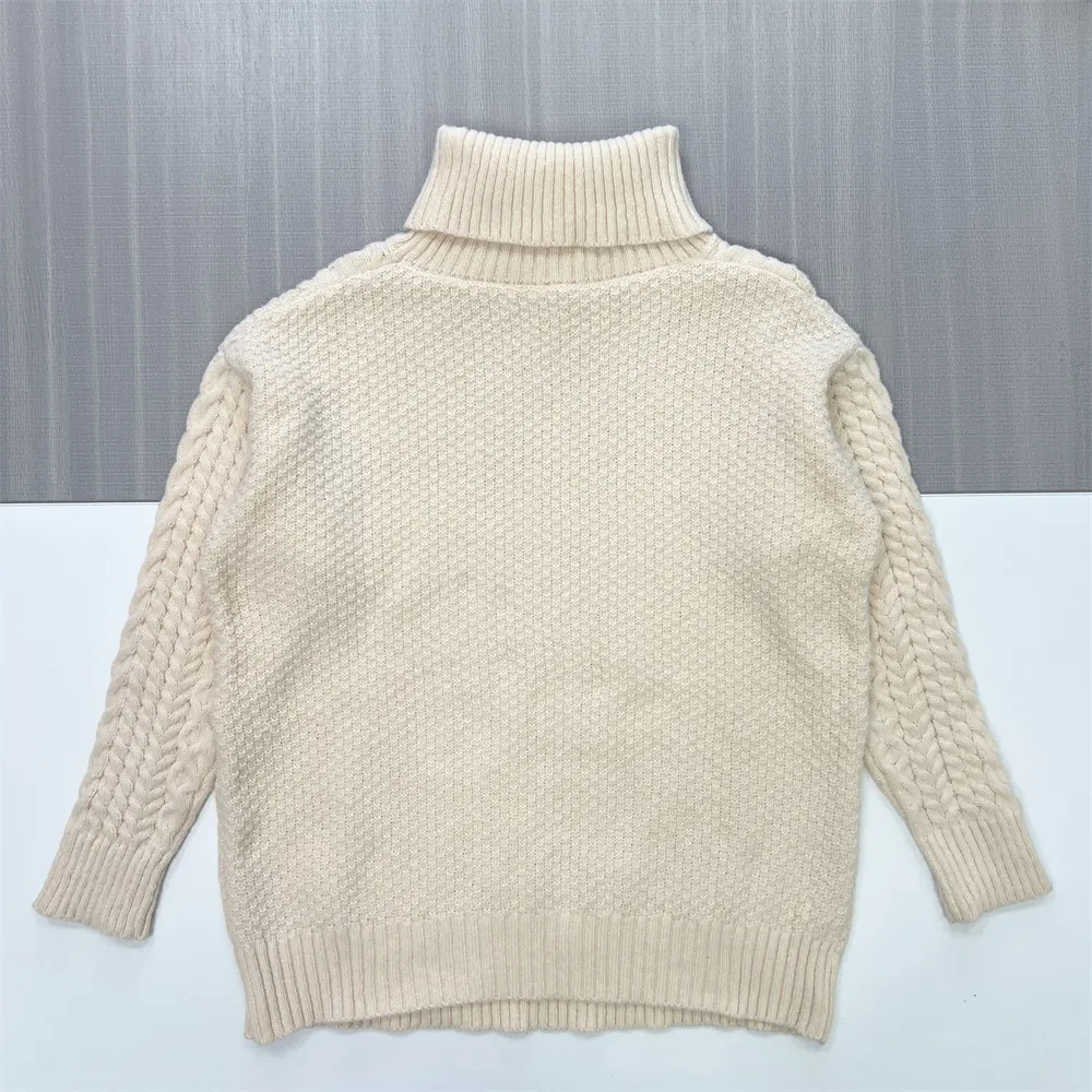 Women's Cream Oversized Turtleneck Sweater with Mixed Cable Knit Patterns - Custom Textured Classic Apparel