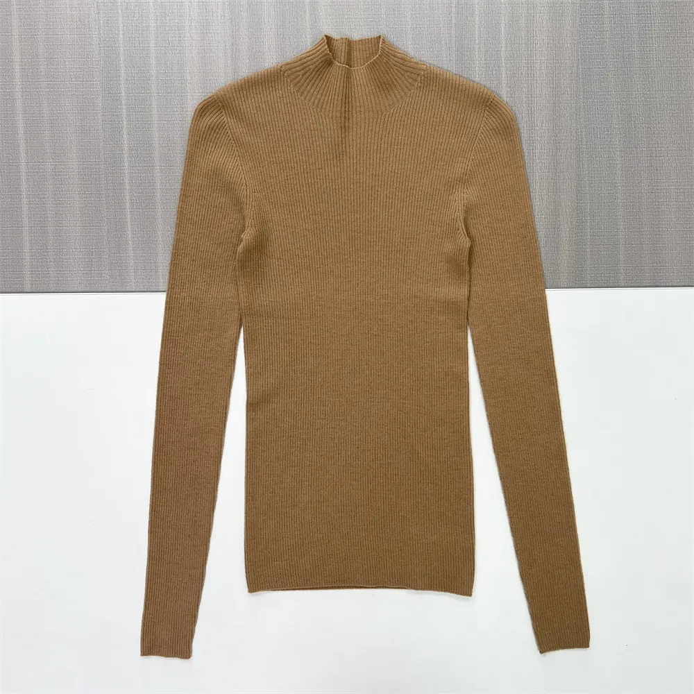 Women's Camel Ribbed Turtleneck Slim-Fit Sweater - Custom Timeless Basic Apparel