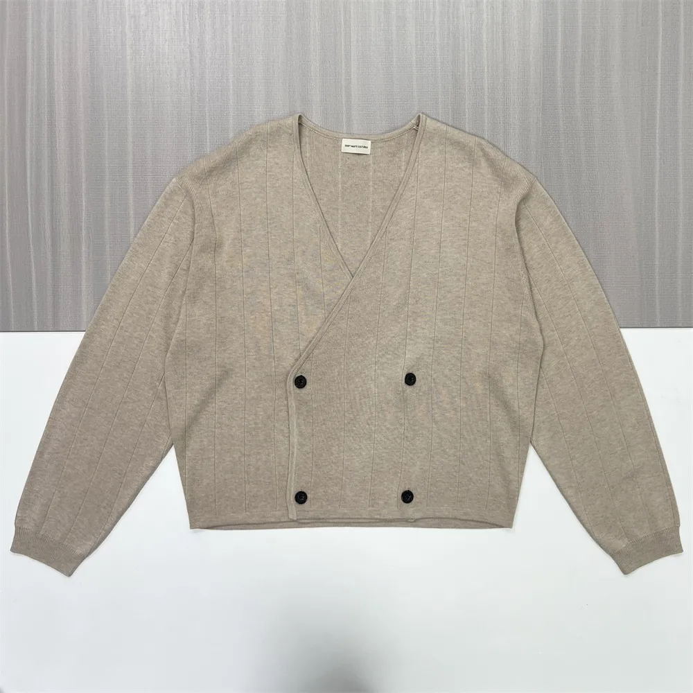 Women's Beige Ribbed Wrap-Front Double-Breasted Cardigan - Custom Polished Casual Apparel