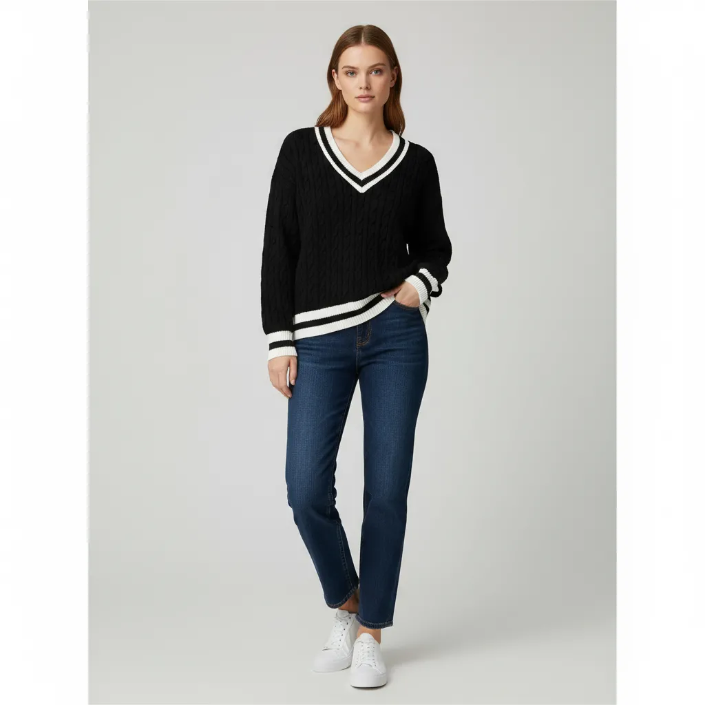 Women's Black & White Cable-Knit V-Neck Sweater - Custom Preppy Casual Apparel