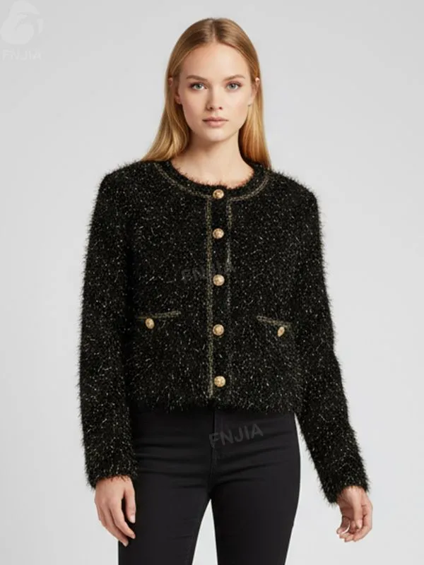 Women's Black Shaggy Knit Cropped Cardigan with Gold Button & Trim Details