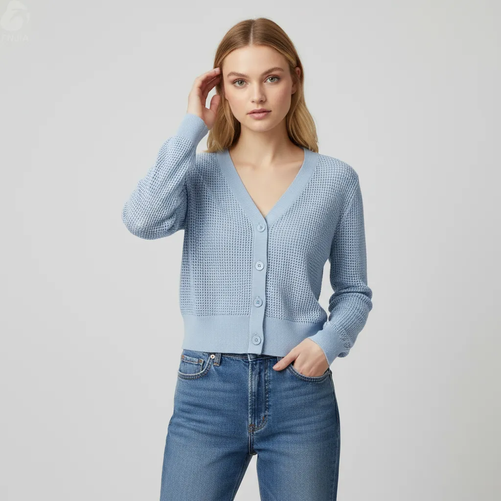 Women's Light Blue Open-Knit Cropped V-Neck Cardigan
