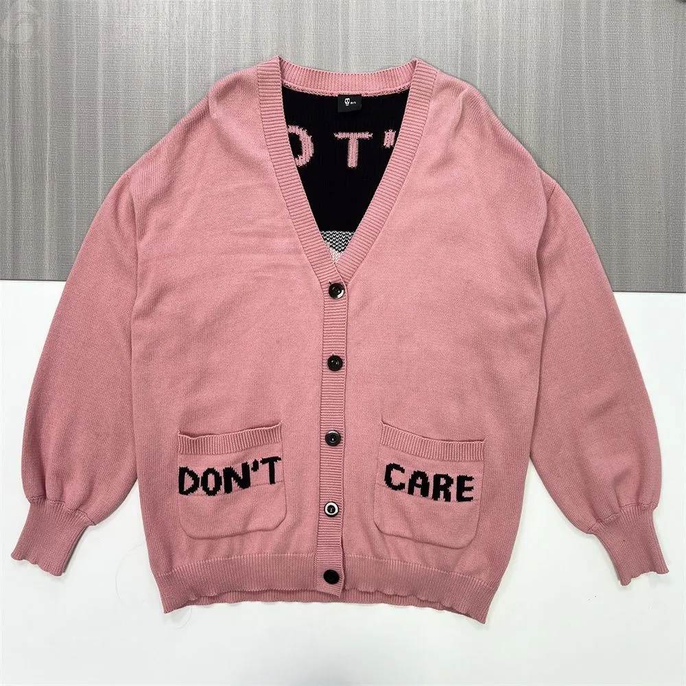 Women's Blush Pink Knit Cardigan with "Don't Care" Graphic & Heart Motif - Custom Edgy Statement Apparel