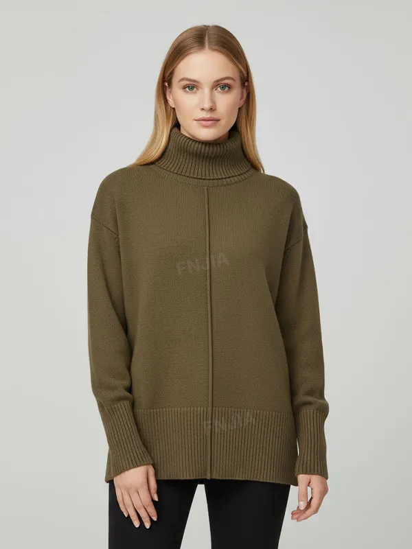 Women's Olive Green Oversized Turtleneck Sweater with Center Seam - Custom Modern Casual Apparel