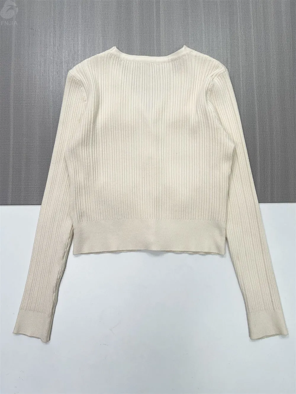 Women's Ivory Rib-Knit Cropped Cardigan with Gold Embellished Buttons & Pockets