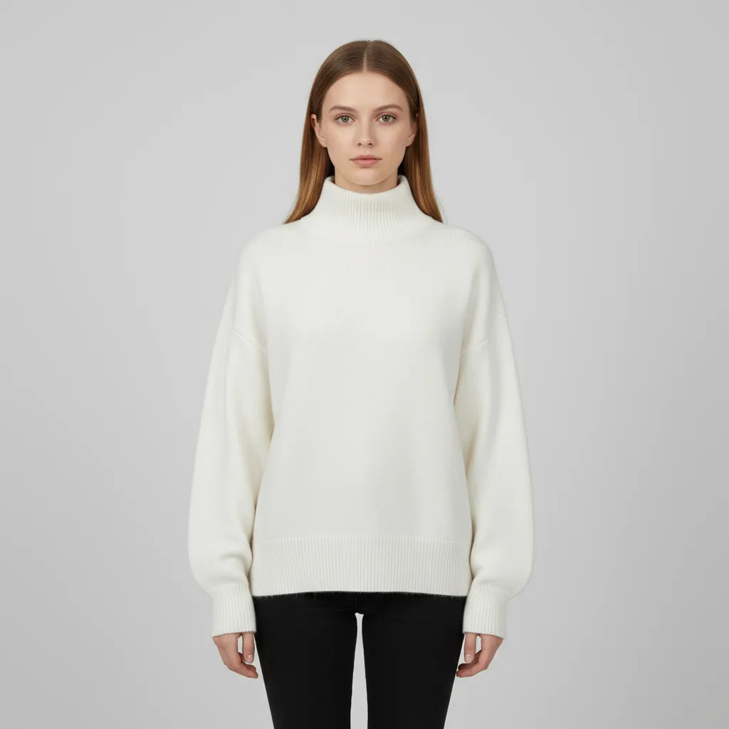 Women's Ivory Oversized Turtleneck Sweater with Puff Sleeves - Custom Cozy Casual Apparel