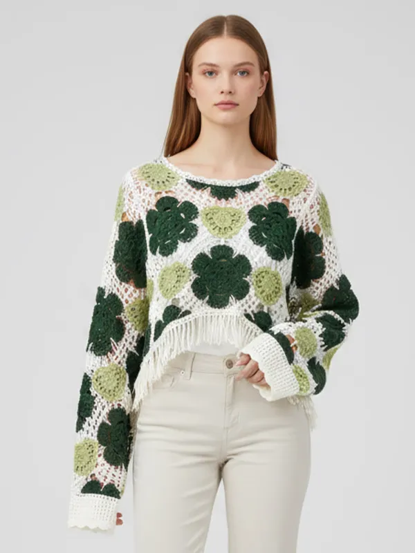 Women's Green & Ivory Crochet Floral Fringe Sweater - Custom Bohemian Fashion-Casual Apparel